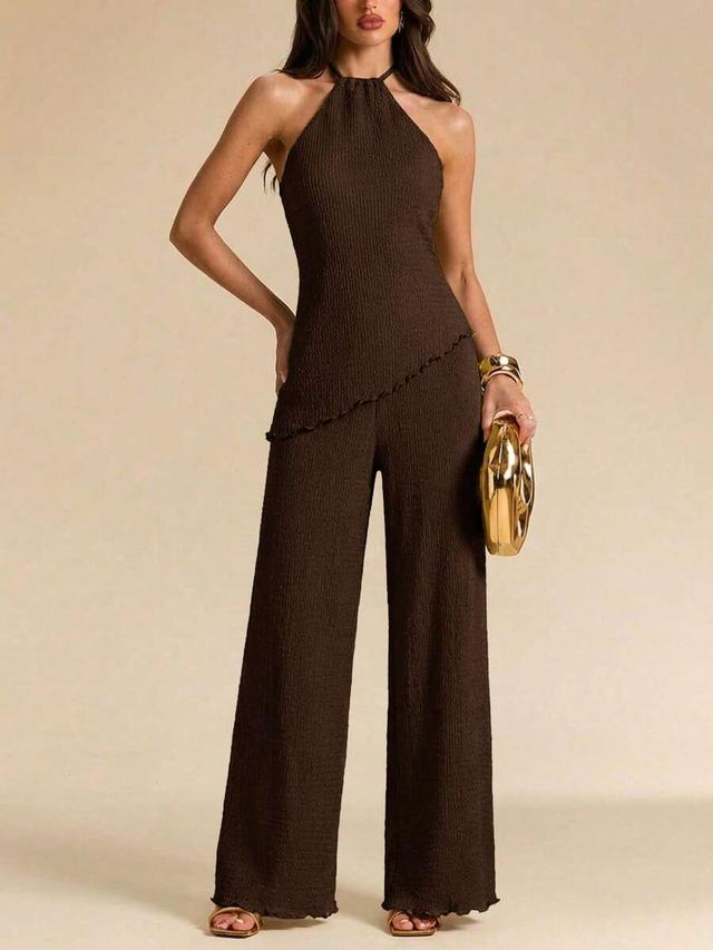 textured halter tie top and wide leg pants set