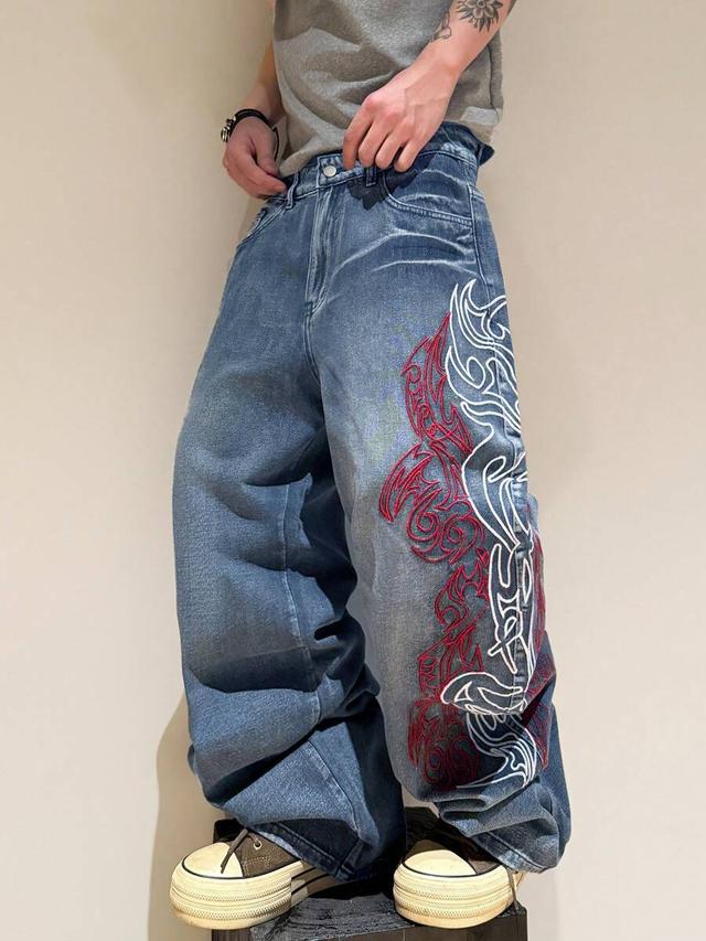 washed loose wide leg jeans with 3d embroidery