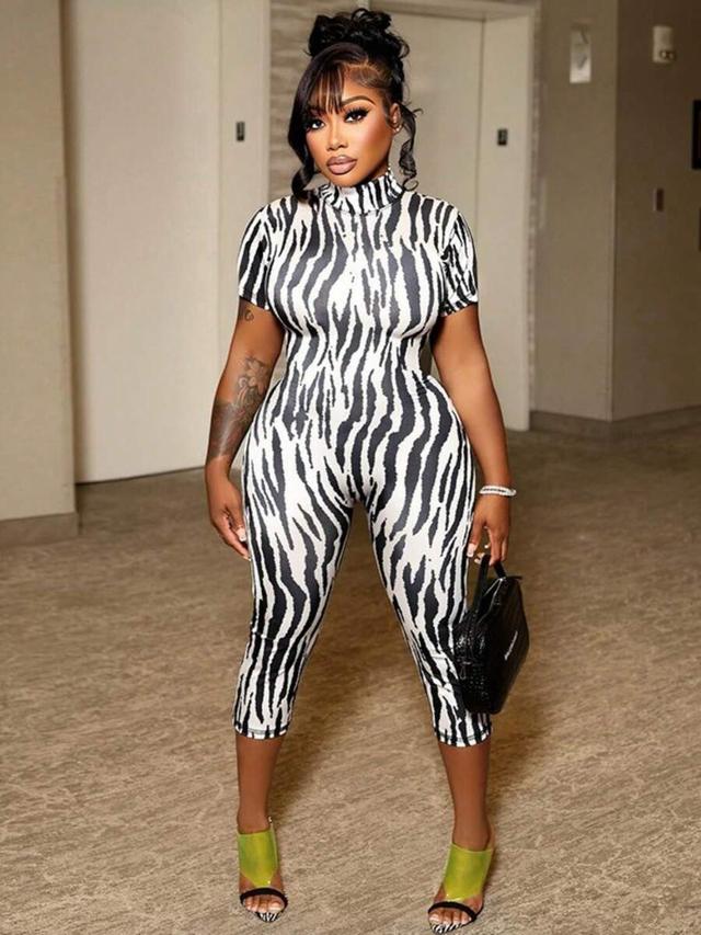 zebra print high neck capri jumpsuit