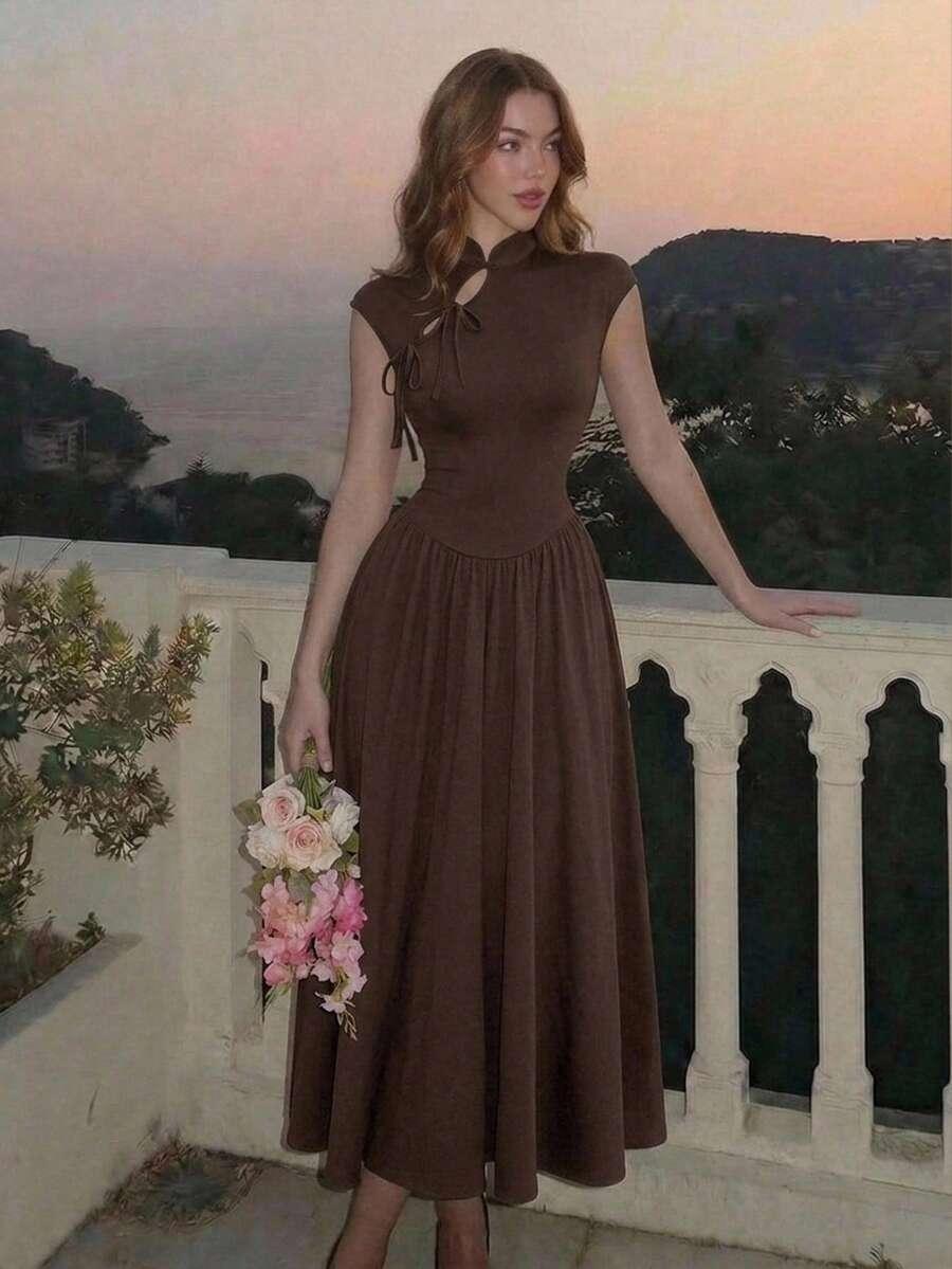 brown pleated collar waist cinched tea party dress