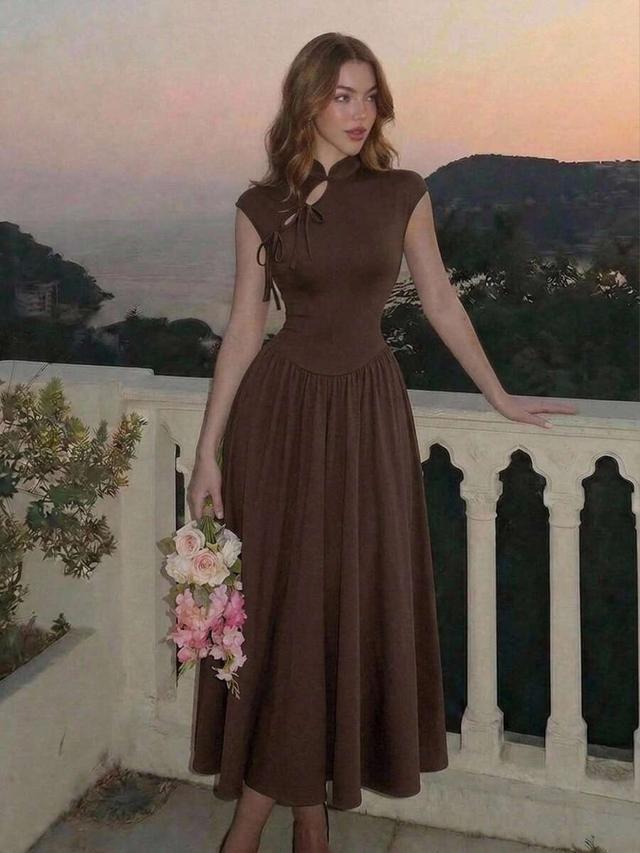 brown pleated collar waist cinched tea party dress