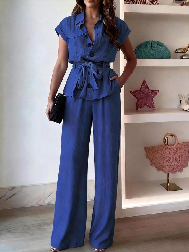 blue short sleeve shirt with matching wide leg trousers