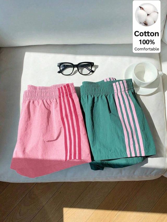 green casual sporty pink stripe summer shorts