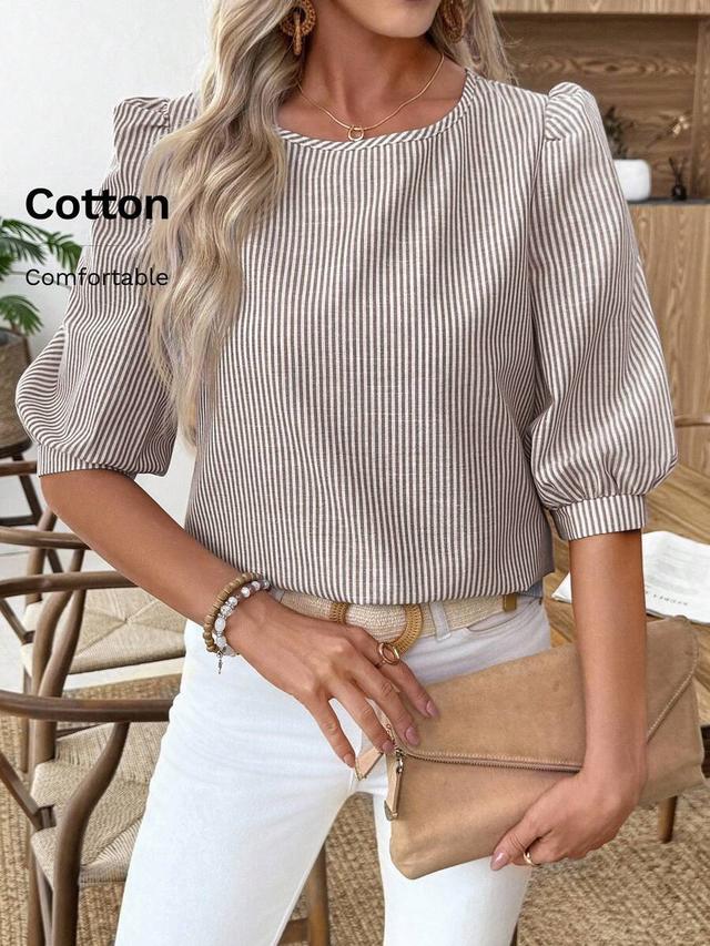 casual striped cotton lantern sleeve blouse