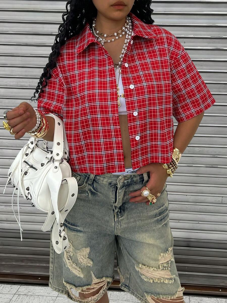 rovax women's plaid drop shoulder short sleeve casual shirt