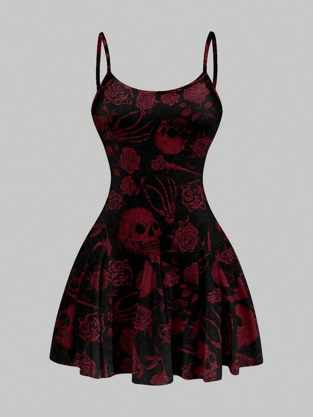 gothic skull and rose print skater dress
