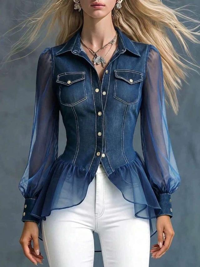 denim sheer mesh lantern sleeve peplum blouse
