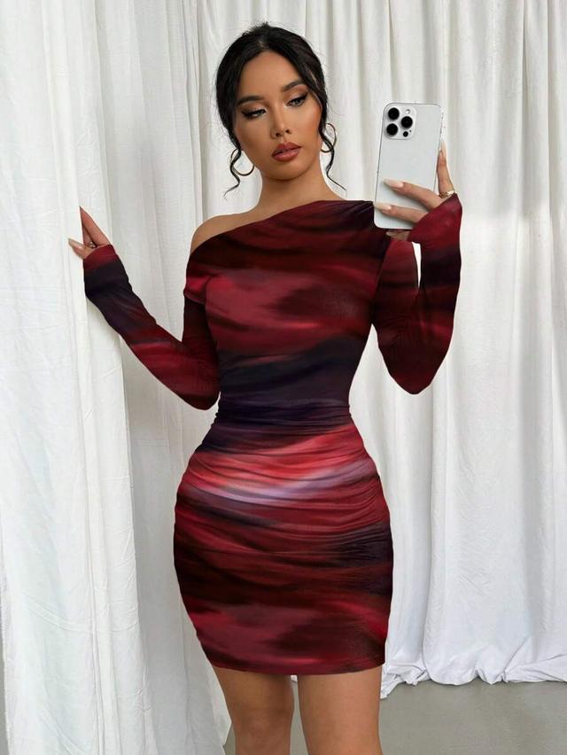 red and black tie dye ruched oblique shoulder dress