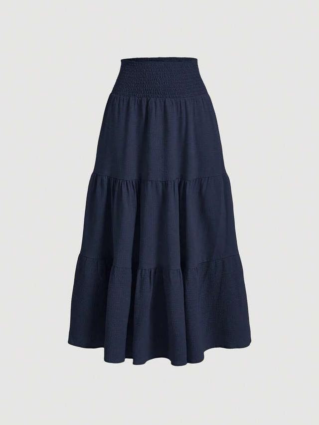 navy blue smocked waist tiered a-line skirt