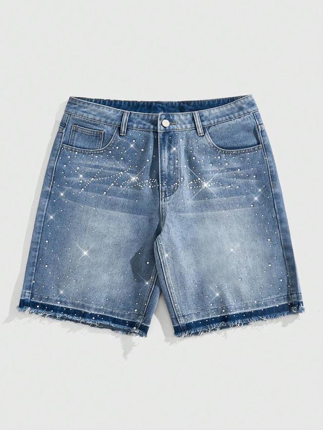 rhinestone embellished denim jorts with raw hem