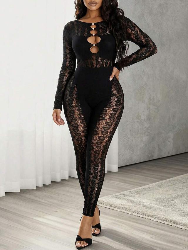 black lace hollow long sleeve slim fit jumpsuit