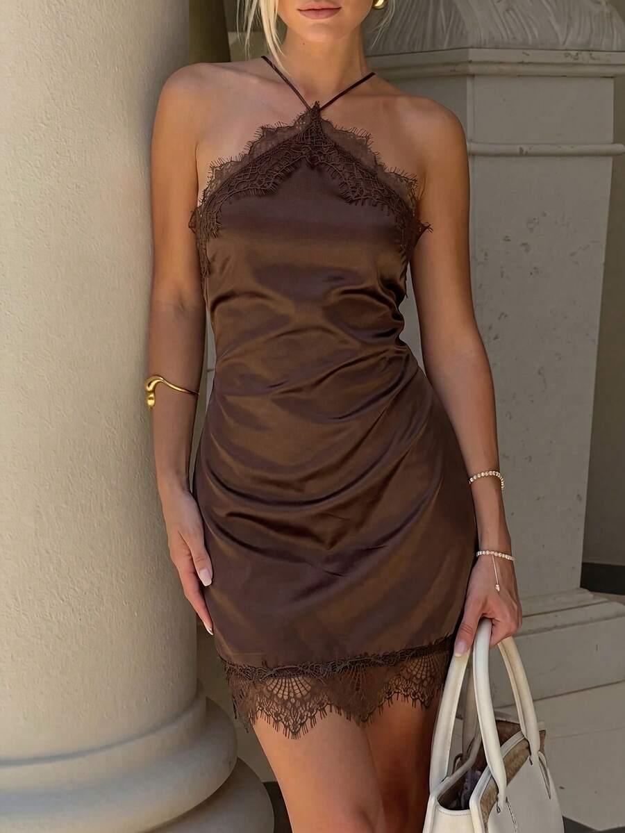 brown satin mini dress with lace trim