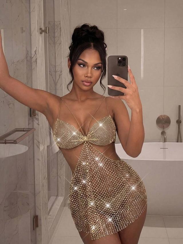 egrlera gold rhinestone embellished sheer fishnet mini dress
