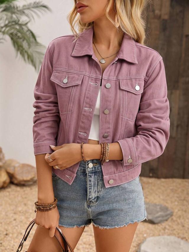 mauve denim trucker jacket with contrast stitching