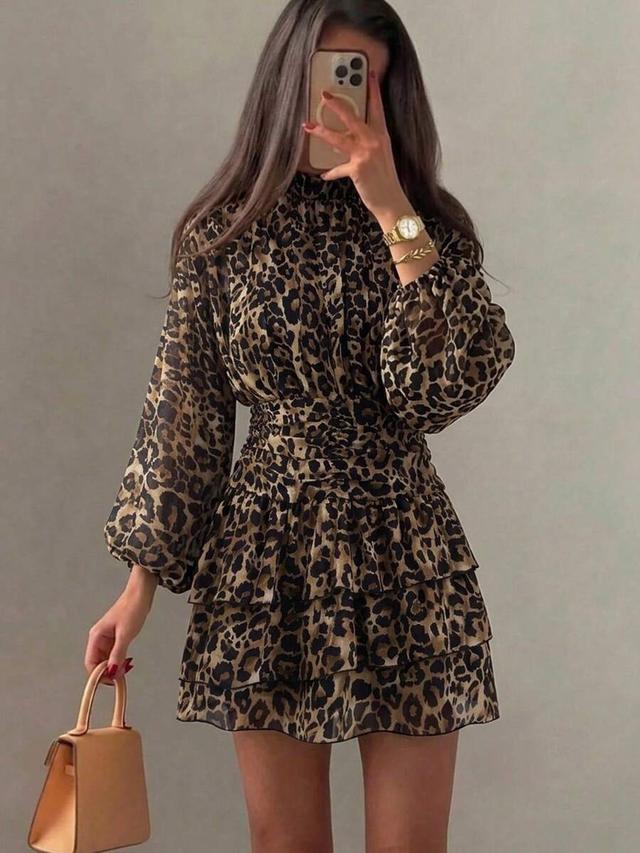 leopard print stand collar ruched waist tiered dress