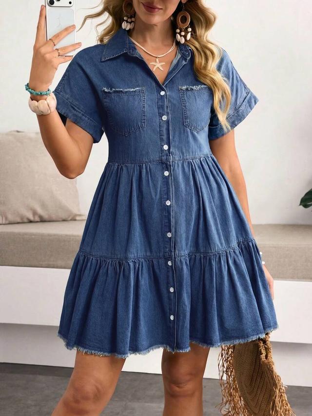 denim button-down tiered shirt dress with raw hem