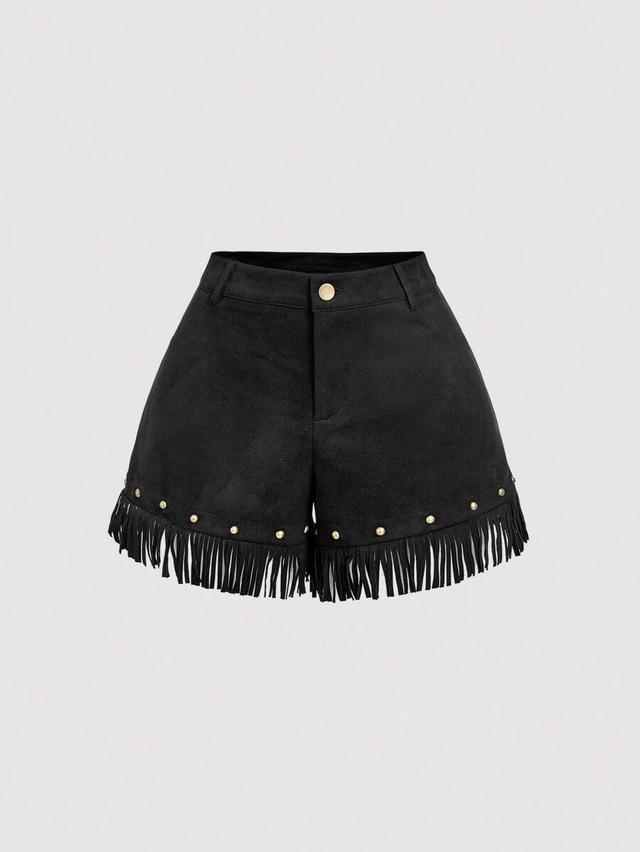black suede shorts with rivet and tassel hem