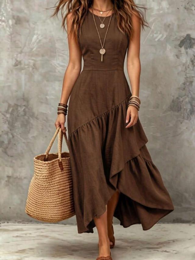 brown linen sleeveless asymmetrical ruffle midi dress