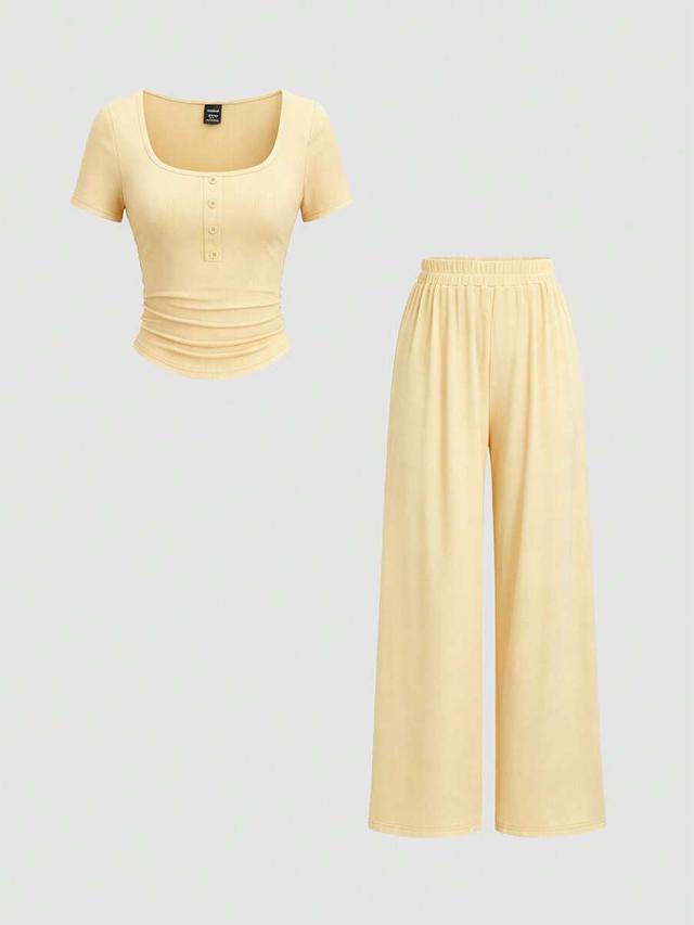 ribbed crew neck top and straight leg pants set