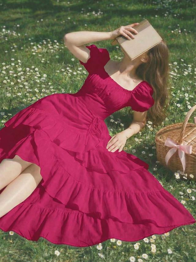 fuchsia petal sleeve drawstring ruffle hem high low dress