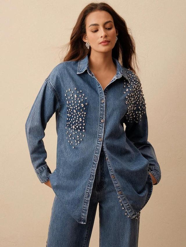 rhinestone embellished blue denim button down shirt