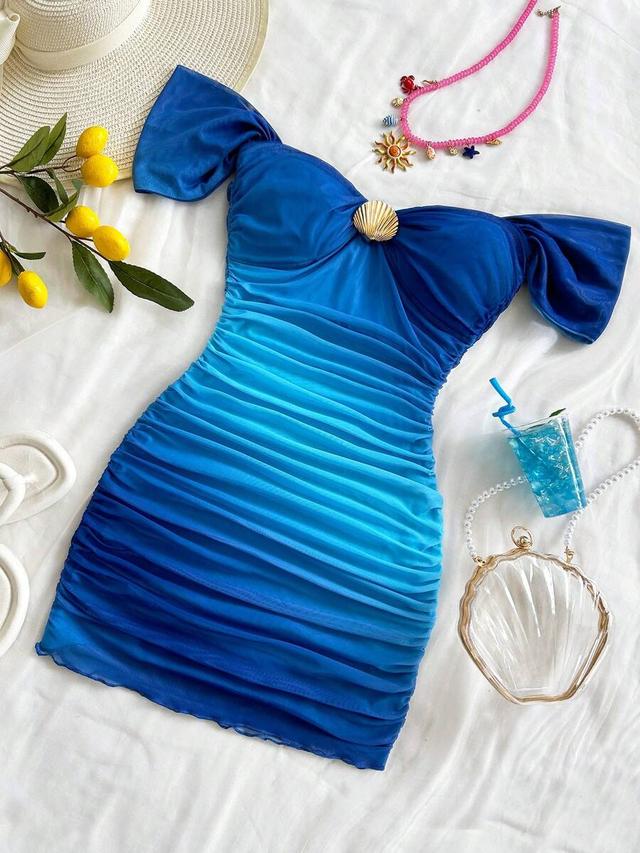 royal blue ombre knit mesh off-shoulder bodycon dress