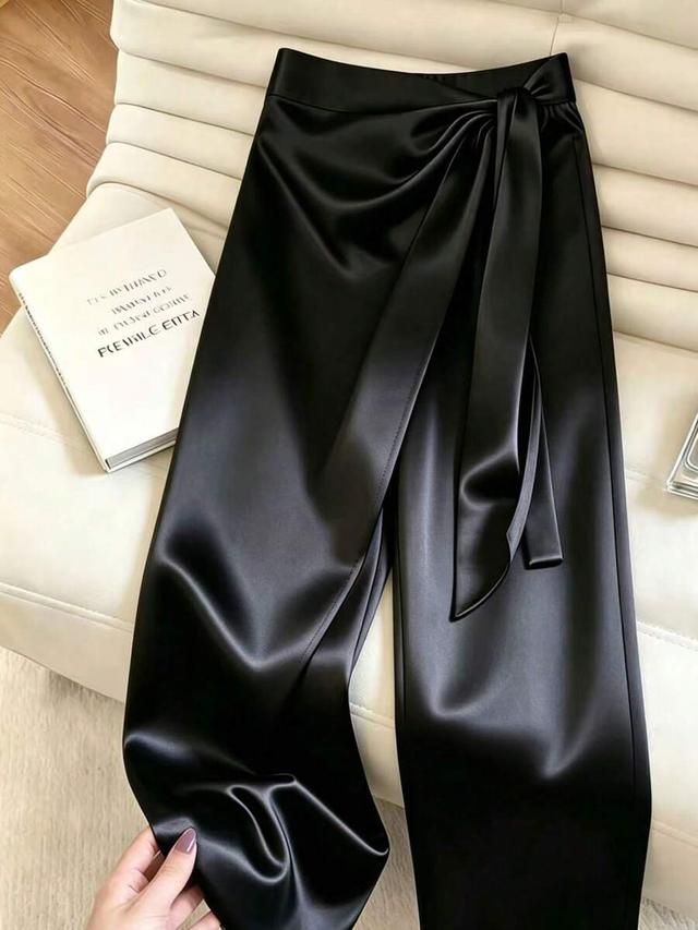 elegant black satin asymmetric tie-up wide leg trousers