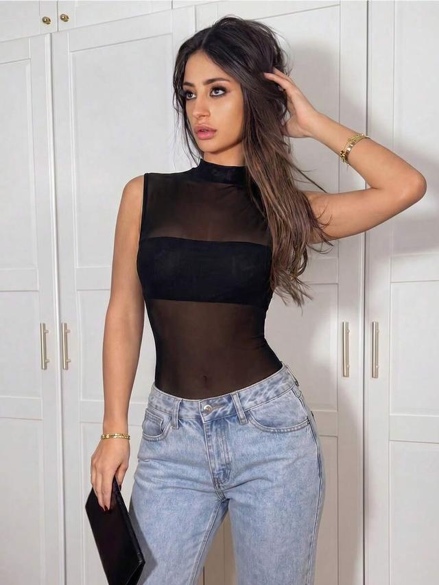 ronhire black sleeveless sheer mesh patchwork asymmetric bodysuit