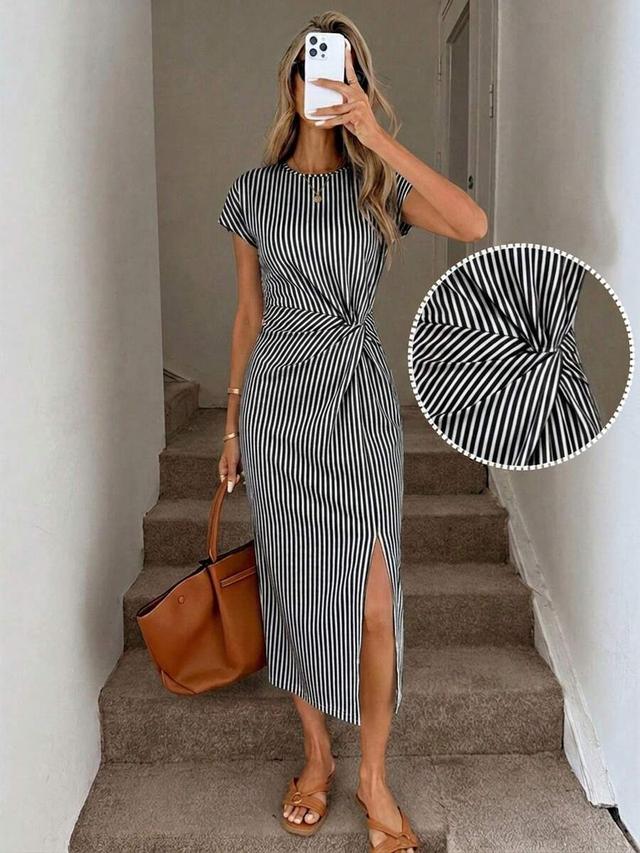 black and white striped jersey twist front dress