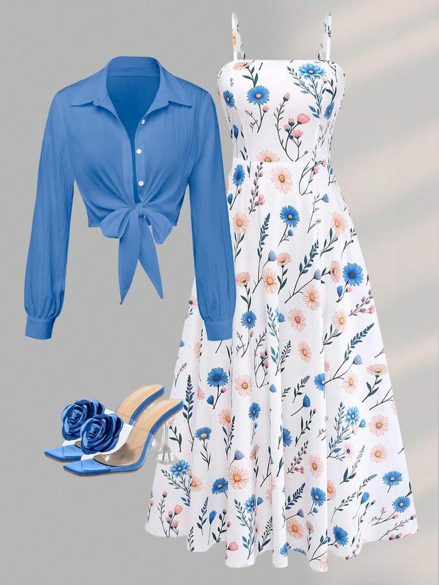 royal blue floral print dress and long sleeve tie-front coat set