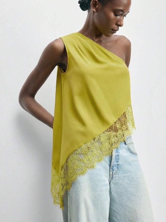olive green asymmetrical one-shoulder satin lace trim top
