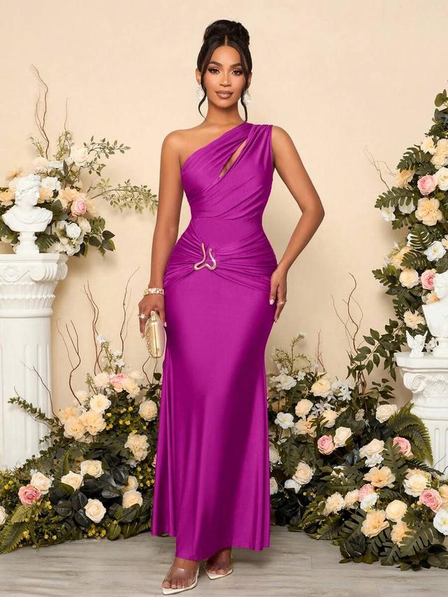 fuchsia one-shoulder draped evening maxi dress