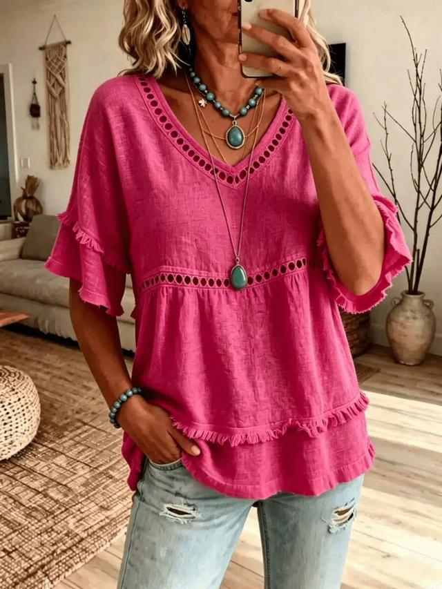 women's linen blend eyelet and fringe trim blouse