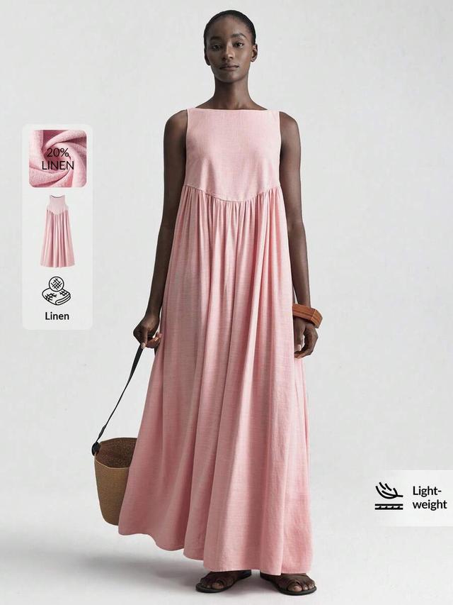 dusty pink sleeveless linen pleated round neck long dress