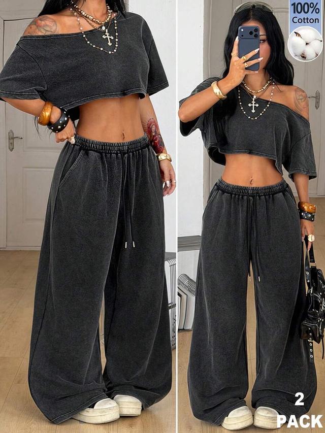 washed cotton wide leg casual sweatpants