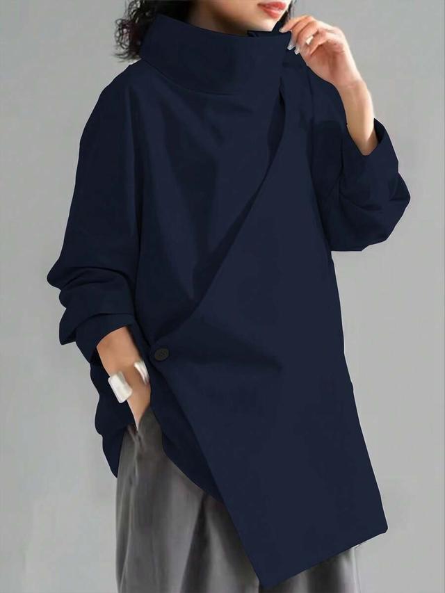 women's navy high neck loose pullover sweater