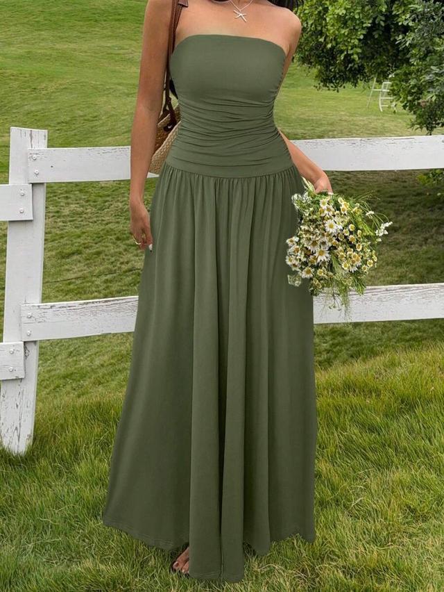 military green strapless ruched long dress