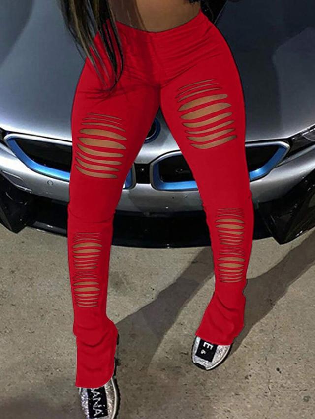 red slim-fit distressed casual stretch leggings