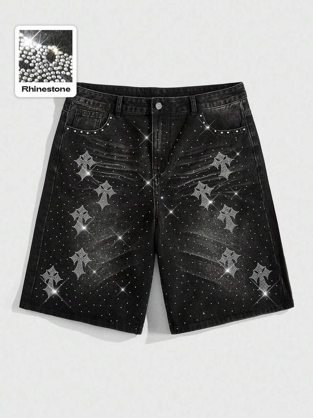 black denim shorts with rhinestone cross embellishments