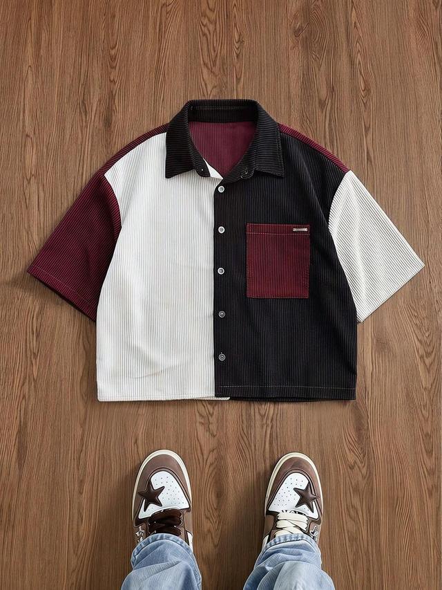 patchwork corduroy short sleeve button-up shirt