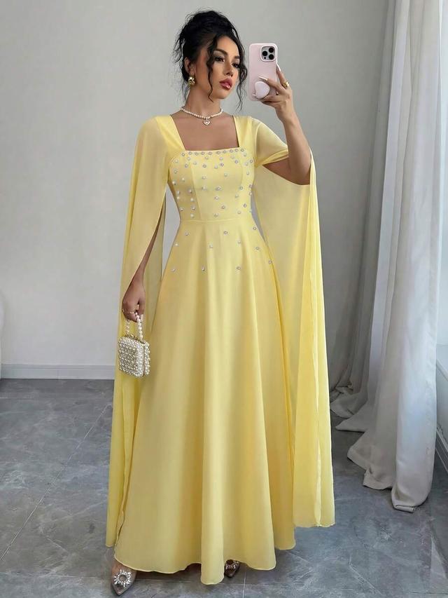 yellow chiffon a-line dress with pearl and rhinestone decor