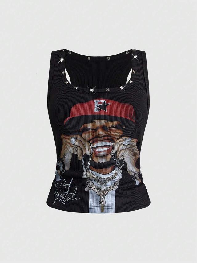 black ribbed tank top with star rivet detailing