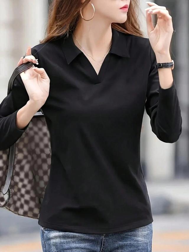 solid black lapel long sleeve casual top