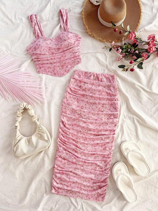 pink floral ruched camisole top and midi skirt
