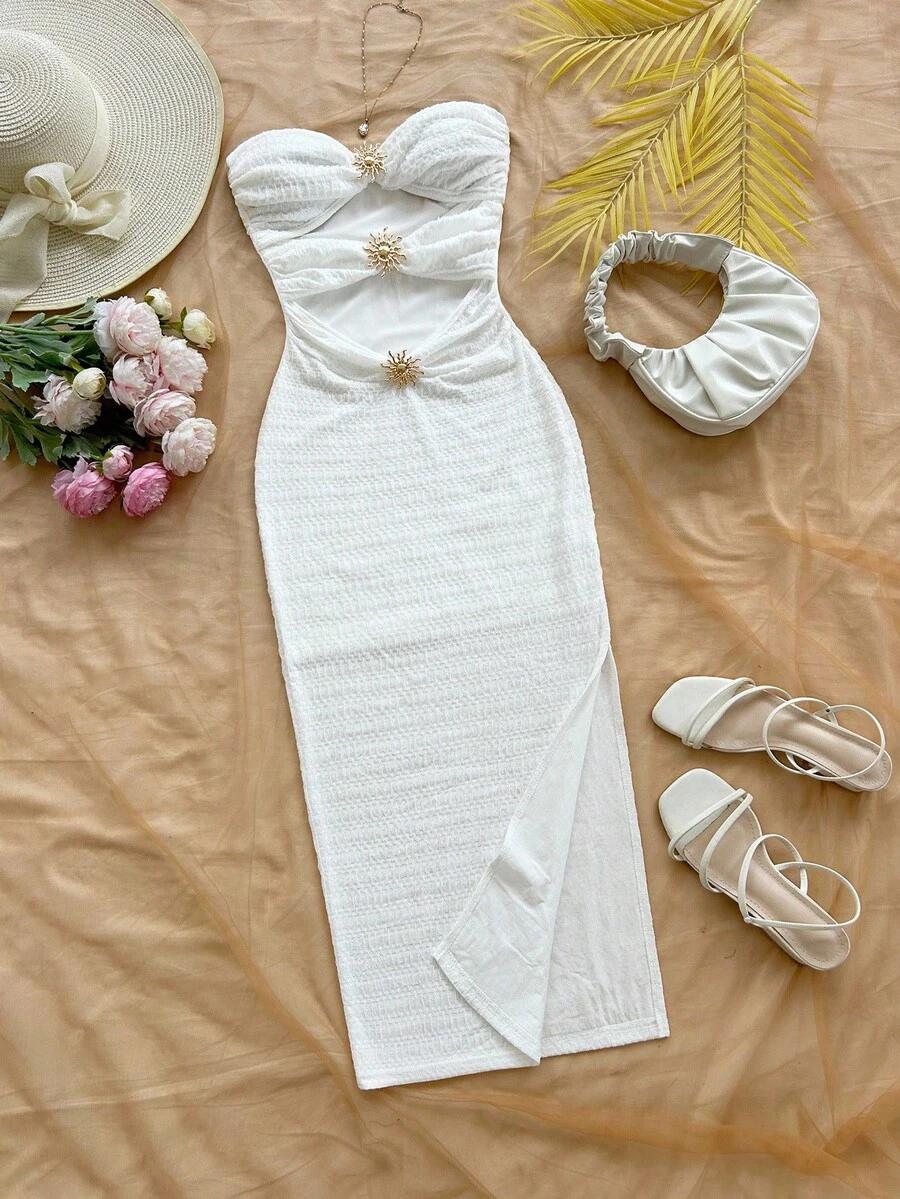 soleia white textured strapless midi dress with metal decor