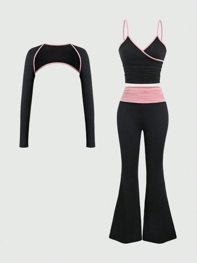 colorblock trim long sleeve shrug camisole and flared trousers