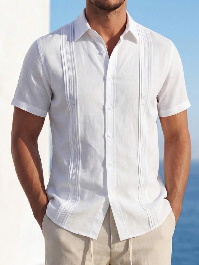 white linen blend guayabera style vacation shirt