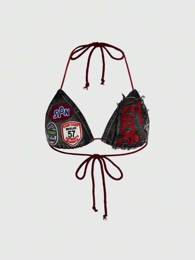 dark denim y2k retro slogan embroidered tie-up denim bikini top