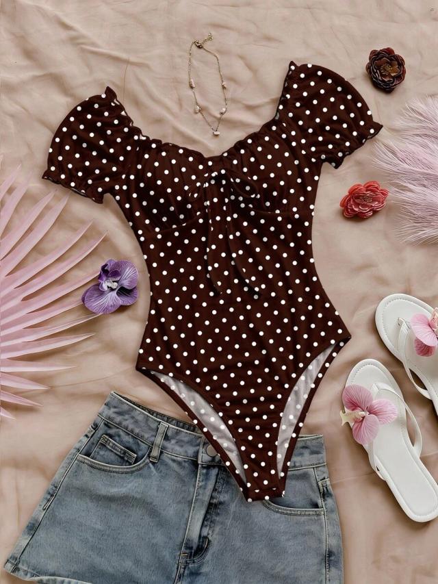 brown and white polka dot ruffle off-shoulder bodysuit