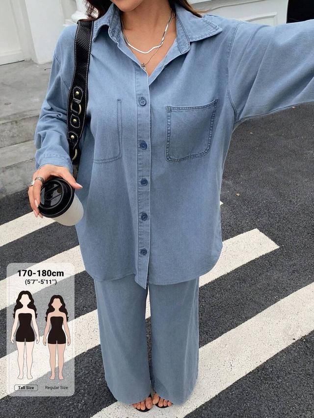 blue denim button down shirt and wide leg trousers
